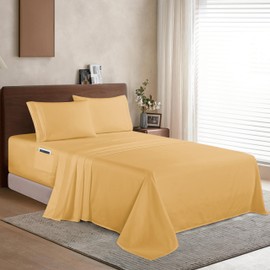 Elegant Comfort Luxury 1500 Premium Hotel Quality Microfiber 4-Piece Sheet Set - Soft, All Around Elastic 18-24 Inches Deep Fitted Sheet - Extra Deep Pocket Sheets, Twin/Twin XL, Camel-Gold