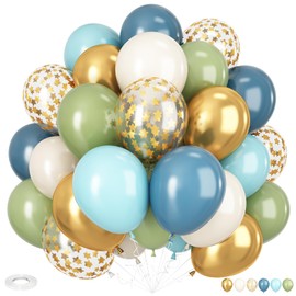 Green Blue Gold Balloons, 12 Inch Dusty Blue and Sage Green Balloons Set, Teal Blue and White Sand Balloons Metallic Gold Star Confetti Balloons for Girls Boho Birthday Baby Shower Wedding Party Decor