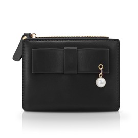 FuninCrea Wallet Women Faux Leather Card Holder Wallet with 5 Credit Card Slots and ID Window, Fashionable Wallets for Women with Bow Pearl Decoration and Zipper Coin Pocket (Black)