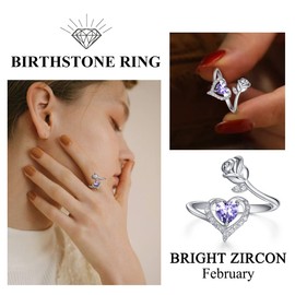Birthstone Rings 925 Sterling Silver Women's Month Ring Adjustable Open Her Ring Rose Flower Rings Jewellery Gifts, 925 sterling silver zirconia, Cubic Zirconia