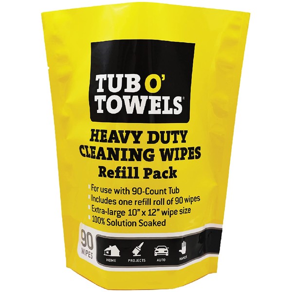 Tub O' Towels Heavy Duty Cleaning Wipes, Refill Pack for 90-Count Canister, 10" x 12"