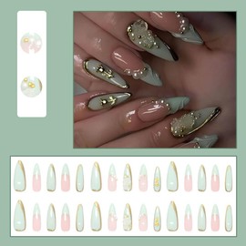 Long Stiletto Press on Nails French Tip Fake Nails Green Almond False Nails with 3D Flower Designs Stick on Nails Glossy Cute Glue on Nails Pearl Charm Artificial Nails for women 24pcs