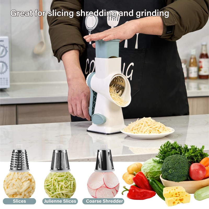 Rotary Cheese Grater hand crank 3 blades with Stronger Suction