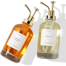 Molimoli Syrup Dispenser for Coffee Bars, Glass Syrup Bottle w. Pump, 16.9 oz 500 ml, Set of 2, Gold Upgraded Dispenser