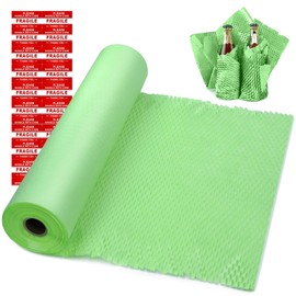 onesimcr Green Honeycomb Wrapping Paper Wrap 15"x131' Sustainable Alternative to Bubble Wrap for Moving/Transporting/Packaging Rolls with 20 Fragile Stickers Biodegradable and Fully Recyclable…