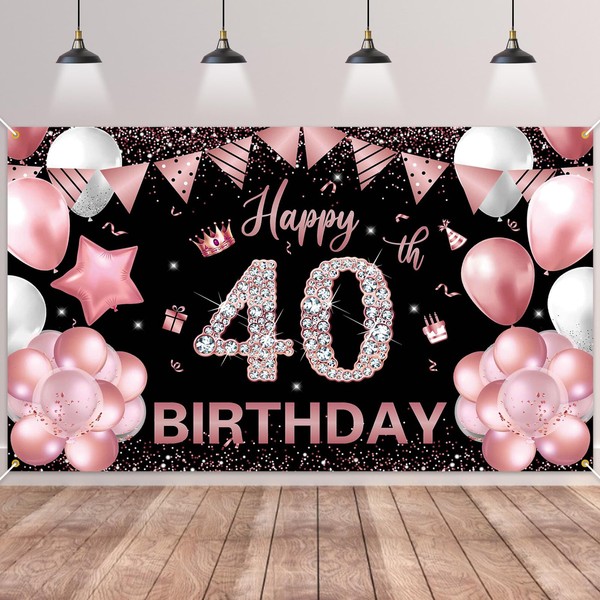 40th Birthday Backdrop Banner,BTZO Happy 40th Birthday Decorations,Rose Gold and Black Birthday Fabric Photo Backdrop Background for Men Women 40th Birthday Anniversary Party Decor,180×110cm