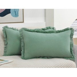 NUYECY Set of 2 Natural Linen Fringed Throw Pillow Covers,Sage Green Neutral Decorative Lumbar Pillowcase with Chic Tassel Burlap Boho Cushion Covers for Couch Sofa Farmhouse,12x20 inches