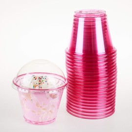 Golden Apple, 9oz-25sets Pink Red Plastic Cups with Clear Dome lids No Hole(25cups + 25lids)…