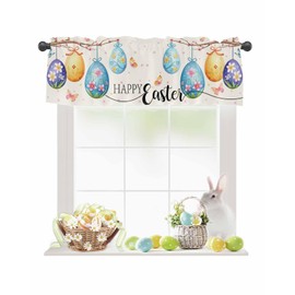 Happy Easter Valance for Windows Floral Eggs Curtains Valances Butterfly Rod Pocket Valance Window Treatments Spring Holiday Short Curtains for Kitchen Living Room Bedroom Bathroom 54x18 Inch