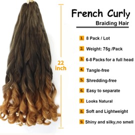 Datanala French Curl Braiding Hair 22 Inch 8 Pack/Lot Loose Wavy Spiral Curl Braids Crochet Hair Deep Wave Synthetic Extensions Pre Stretched Bouncy Braiding Hair (22 inch, T27)