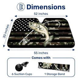 GENANY Fishing Flag Windshield Sun Shade for Car SUV Truck (55x30 Inches), Bass Fish Sun Shade Windshield, Shades for Front Windows, Sunshade for Car Windshield, Protector Blocks UV