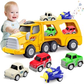 5 en 1 Camiones de Transporte con Sonido, Vehículos de Juguete con 3 Mini Carritos y 1 Avión, Coches Juguetes para Niños 3 4 5 6 7 8 Años, Carros con Gran Cargado, Regalo para Cumpleaños, Fiestas