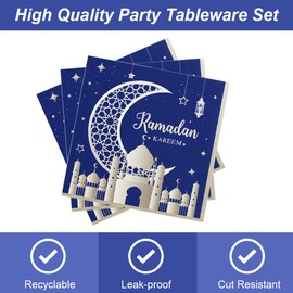 48pcs Ramadan Eid Mubarak Party Supplies Include 24 Plates, 24 Napkins for Ramadan Eid Mubarak Party Decoration (Blue)