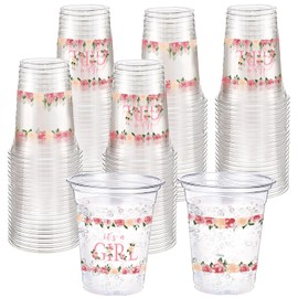 Funnymoom 60 Pack Pink Baby Shower Cups 12 oz It's a Girl Pink Floral Disposable Clear Plastic Drinking Cups for Baby Shower Gender Reveal Birthday Party Decorations Supplies