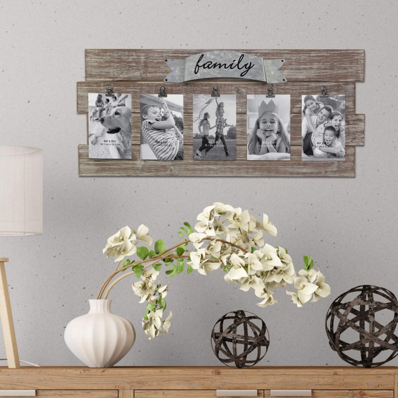 Stonebriar Rustic Wood Collage Picture Frame with Clips and Metal