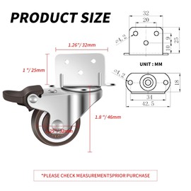 GEOCANG 4 Small Swivel Castors for Furniture, 32 mm with Brake, Furniture Castors, L Mounting Plate, Suitable for Furniture, Flower Stands, Cribs (32 mm)
