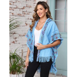 Women's Knit Vintage Ethnic Tassel stripes Poncho Shawl With Tassel Open front Cape Wrap (Blue)
