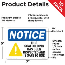 Scaffolding Has Been Inspected Safe To Use OSHA Notice Vinyl Decal Label 7 Inch x 5 Inch - 10 Pack