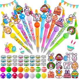 12 Sets Easter Beadable Pens DIY Pen Making Kit with Bubblegum Beads Silicone Focal Beads Plastic Beaded Pens Bulk Beadable Items for Easter School Classroom Gifts