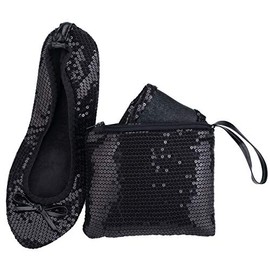 Women's Portable Foldable Ballet Flats Shoes Pumps Roll Up Slippers with Travel Pouch Bag (XL, Black Sequin)