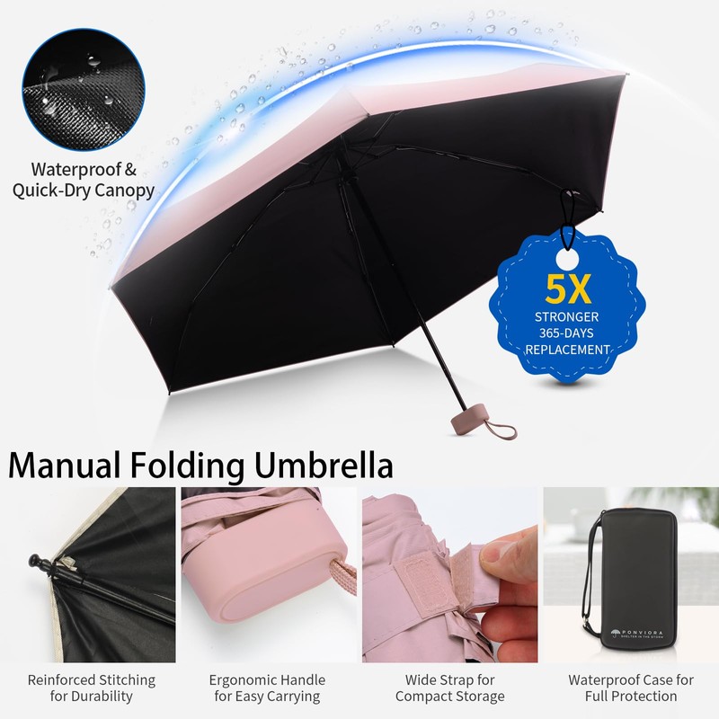 Ponviora Compact Mini Windproof Travel Umbrella-UPF 50+ Sun & Rain