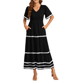 PRETTYGARDEN Women's Casual Summer Maxi Dress Short Sleeve Swiss Dot V Neck Smocked Long Flowy Beach Dresses (Black,Small)