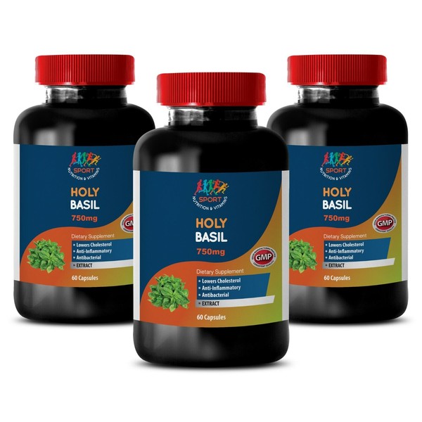 HOLY BASIL Extract Antibacterial Naturaly stress relief (3 Bottles, 180 Caps)