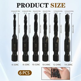 6 Piece Combination Drill and Tap Set in SAE Sizes 6-32nc, 8-32nc, 10-32nc, 10-24nc, 12-24nc, 1/4-20nc with Stainless Black Coating and 6mm Hex Shank for Versatile Applications