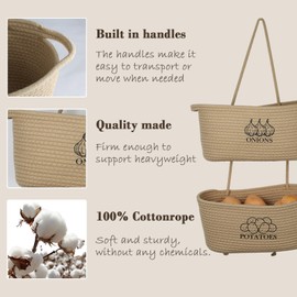 Xbopetda 2-Tier Potato and Onion Storage, Hanging Vegetable Baskets for Kitchen, Potato Bin Onion Basket Behind the Door Storage with Pothook, Cotton Rope Produce Storage Organizer Bag Decorative