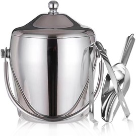 Ice Bucket Champagne Bucket with Tongs Scoop Lid, Double Wall Wine Bar Freezer Ice Bucket with Stand & Carrying Handle, Stainless Steel Mirror Bucket Champagne Bucket for Parties Bar Home,2L(Silver)