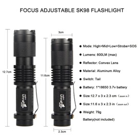ULTRAFIRE Super Bright Mini Flashlight, Super Bight 800 Lumen Flashlight Led Torch, Adjustable Pocket Flashlights Kit SK98