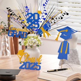 Graduation Decorations Class of 2025 23pcs Blue and Gold Grad Glitter Centerpiece Sticks Table Toppers Decor with Metallic Foil Spray Star Grass for 2025 College High School Congrats Grad Supplies