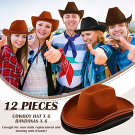 12 Pcs Adult Cowboy Hat for Women and Men Western Cowgirl Hats with Adjustable Drawstring and Cowboy Party Paisley Bandana (Dark Brown, Light Brown, Black)