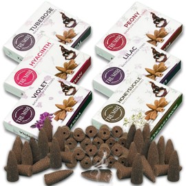 Blossom - Backflow Incense Cones for Waterfall - Scented Inscents-Cones - Peony, Lilac, Hyacinth, Tuberose, Honeysuckle, Violet - Insiensos Aromaticos - 6x10=60 Large Variety Pack
