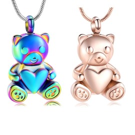 mingkejw Cremation Jewelry Teddy Bear Urn Necklaces for Ashes Stainless Steels Heart Memorial Necklaces Keepsake Jewelry for Women Gilrs of Human Pet Ash Pendant with Filler Tool,2PC-Rainbow+Rose Gold
