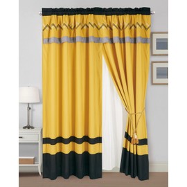 Chezmoi Collection Arden 4-Piece Modern Turmeric/Black/Silver Gray/White Zigzag Stripe Embroidery Window Curtain Panel Set with Sheer Backing Valance Tassels, 120 inch x 84 inch
