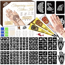 146pcs Temporary Tattoo Kit, Suit for Teens Beginners & Adults – 3 Tattoo Pastes Black/Maroon/Red, 136pcs Reusable Stencils Designs, DIY Body Art Skin Painting for Festivals, Parties Makeup
