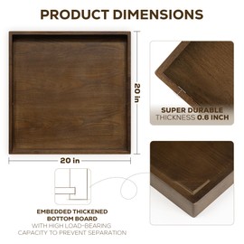 Axeman 20 Inch Large Square Wooden Ottoman Tray for Living Room|Extra Large Serving Tray with Handles for Coffee Table, Breakfast|Decorative Wood Tray for Ottoman Couch Sofa Kitchen|Walnut