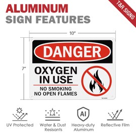 T&R Oxygen In Use Sign No Smoking No Open Flames Sign - 2 Pack - 10 x 7 Inches Rust Free .040 Aluminum Reflective - UV Protected, Waterproof, Weatherproof and Fade Resistant - 4 Pre-drilled Holes