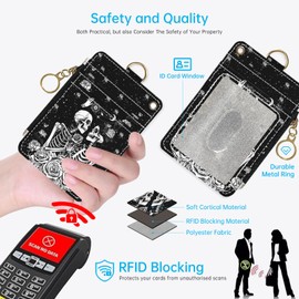 Skeleton Love 2-in-1 ID Badge Holder & Lanyard Wallet for Teachers,Nurse,Professionals-Cute Zippered Coin Pouch,Removable Wristlet & Neck Lanyard,5 Card Slots Stylish Work Essential