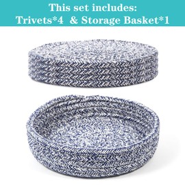 Trivets for Hot Dishes, Trivets for Hot Pots and Pans, Hot Pads for Countertops, Coasters 4 Pcs and Storage Basket 1 Pack, Pot Holders for Kitchen, Cotton Hot Mats Cooking Pad Protect Table (Blue)