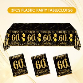 Xiliconie 3 PCS Happy Birthday Tablecloth Black Gold Vintage 1964 60th Birthday Tablecloth 60th Theme Disposable Rectangular Table Cloth Decor for Men Women 60 Year Old Birthday