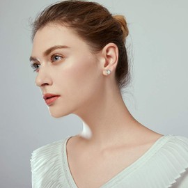 Sterling Silver Rose Flower Pearl Stud Earrings for Women Mother Gift