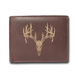 Deer Buck Antlers Skull Hunting Cowhide Leather Laser Engraved Engraving Slimfold Mens Large Capacity Luxury Wallet Purse Minimalist Sleek Slim Brown Credit Card Holder Organizer 14 Pocket with RFID