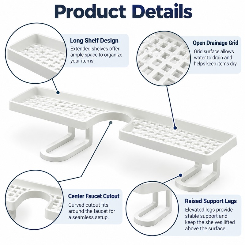 50cm Over-Faucet Sink Shelf for Bathroom Storage – No-Drill Quick-Drain