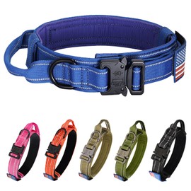 KCUCOP Tactical Dog Collar for Medium & Large Dogs - Military Nylon Heavy Duty Collar with Handle, Reflective Strip & Metal Buckle for Training, Outdoor (Dark Blue Reflective, Medium)