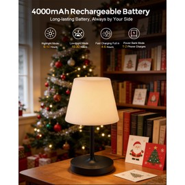 Outdoor Battery Operated Table Lamp, IP54 Waterproof Shower Lamp, 4000mAh Rechargeable Cordless Lamp, 3 Color Temperatures Dimmable, Small Touch Table Lamp for Bedroom, Patio, Camping, Restaurant