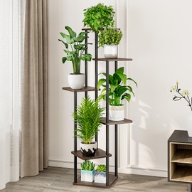 AZERPIAN Plant Stand 6 Tier Indoor Metal Flower Shelf for Multiple Plants Corner Tall Flower Holders for Patio Garden Living Room Balcony Bedroom, Black Oak