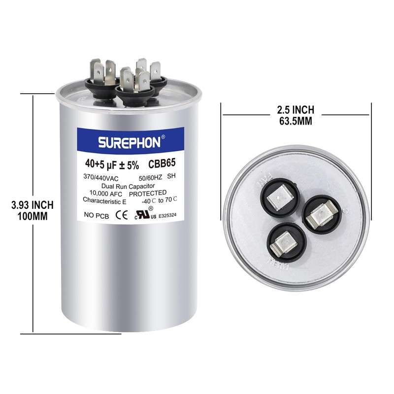 SUREPHON 40+5 uF 40/5 MFD ±5% 370V/440VAC Dual Run Start