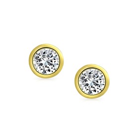 Simple Classic Bezel Set Cubic Zirconia AAA CZ Round Solitaire Stud Earrings For Women Yellow Gold Plated .925 Sterling Silver 7MM